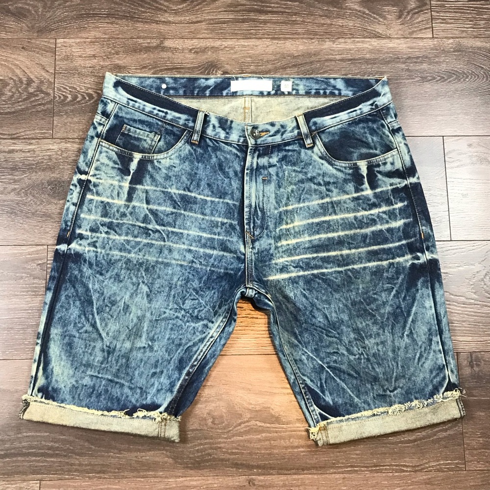 Evolution In Design Men’s Blue Stone Wash Tiger Stripes Long Denim Shorts Sz 40